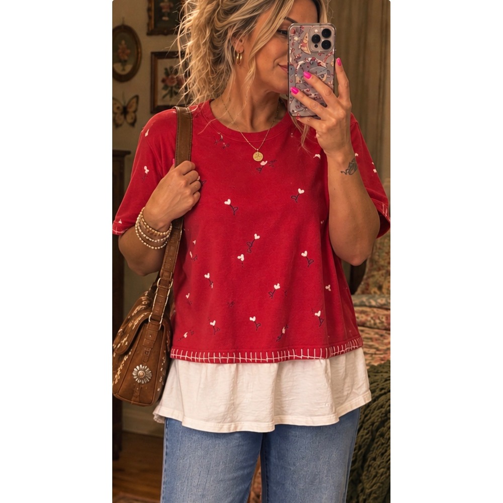 Koret City Blues Top Women Medium Red Good Embroidered Layered Floral Casual